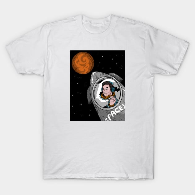 Elon Musk Rides SpaceX Starship To Mars Fan Artwork Black Background T-Shirt by AstroGearStore